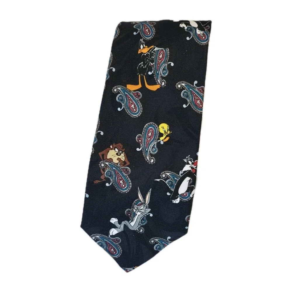 Vintage 1997 Looney Tunes Paisley Necktie Mens Black Bugs Bunny Daffy Duck Tie